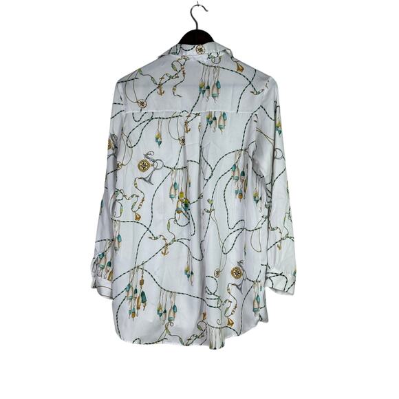 ZARA 90s Vintage Style Nautical Chain Print Silk Feel Blouse Button Up M White - Picture 11 of 14
